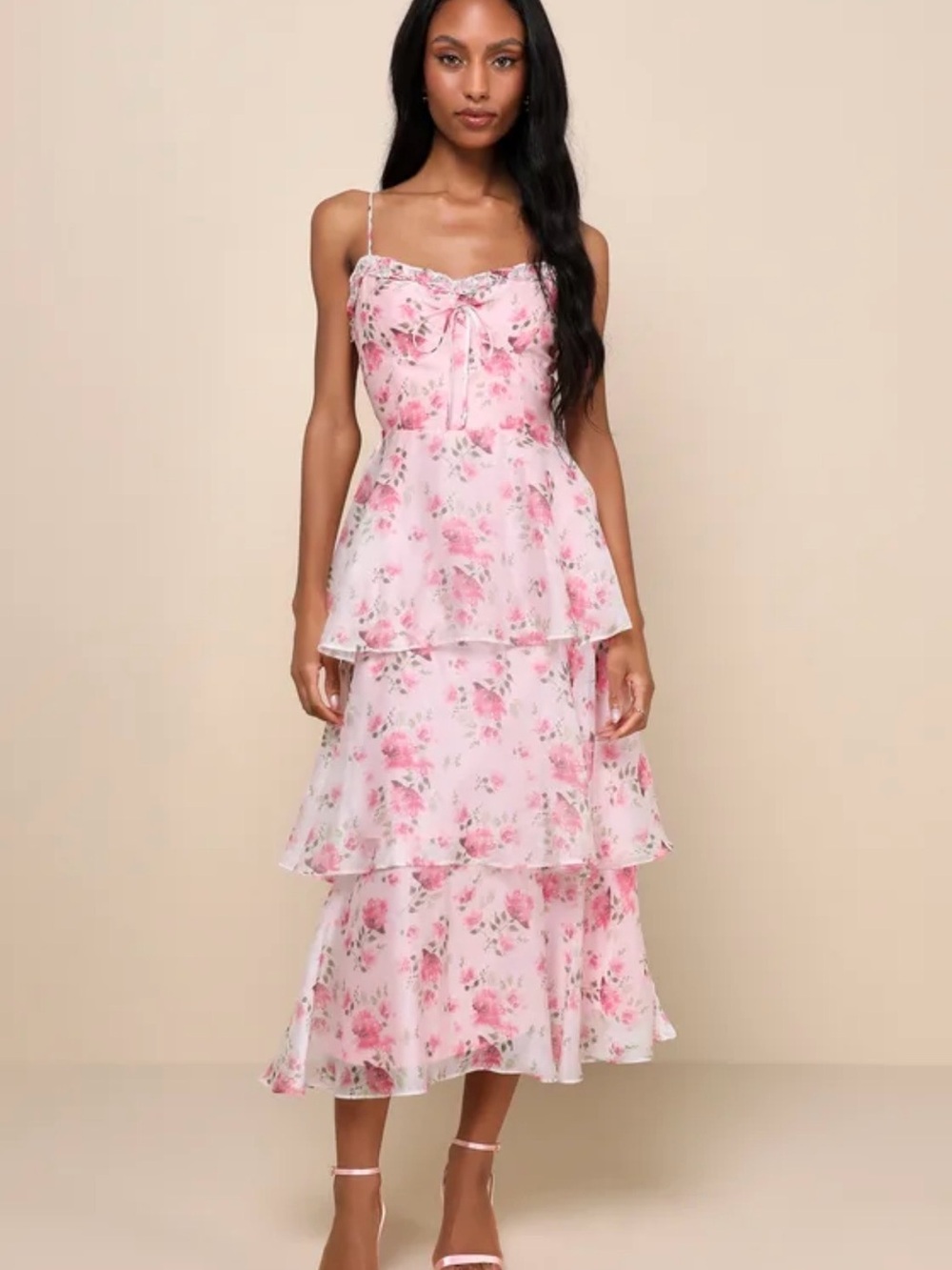 Lulus Immaculate Cutie Light Pink Floral
Sleeveless Tiered Midi Dress